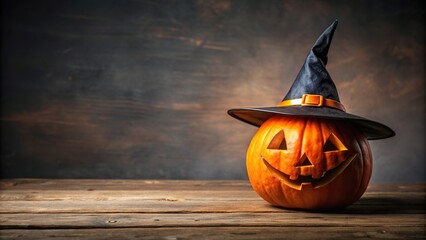 Halloween pumpkin with a witch hat on top , spooky, autumn, seasonal, decoration, Jack-o'-lantern, festive, holiday, orange