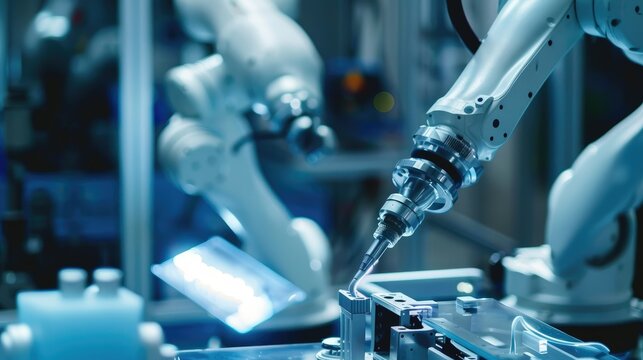 Robotic arms working on a production line in a modern factory. Concepts. automation, industry 4.0, manufacturing, technology.