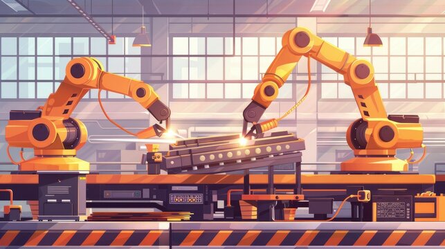 Two robotic arms welding a car part on an assembly line in an automated factory, showcasing the future of manufacturing.