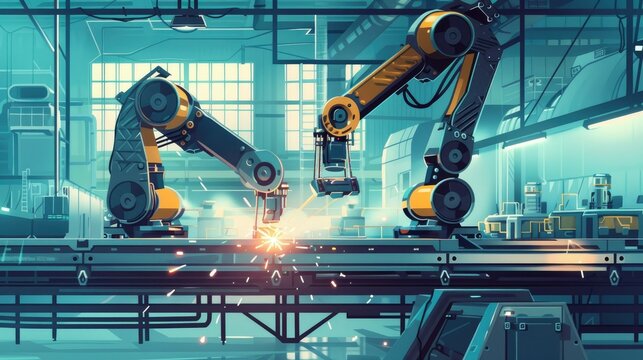 Two robotic arms welding metal on an assembly line in a futuristic factory setting. Concept of automation, robotics, manufacturing, industry 4.0, and advanced technology.