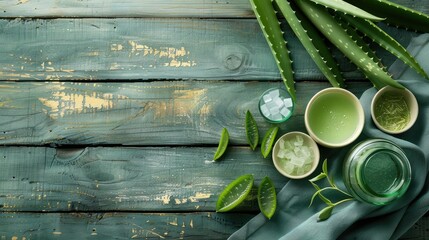 Wall Mural - Herbal skincare cosmetics with aloe vera on wooden background Beauty idea