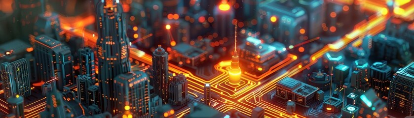 Wall Mural - Luminous futuristic city on an extensive illuminated circuit board