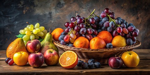 Wall Mural - Still life arrangement of oranges, grapes, plums, and pears on a table , fruits, food, colorful, fresh, healthy, organic