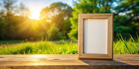 Wall Mural - Empty wooden picture frame mockup on a sunny day with bright light , elegant, minimalist, showcase, simple