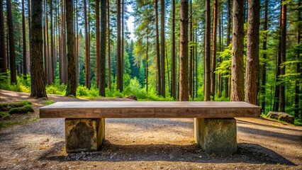 Wall Mural - Wood and stone bench set against a forest background with a platform, nature, rustic, vintage, outdoor, park, seating, relax