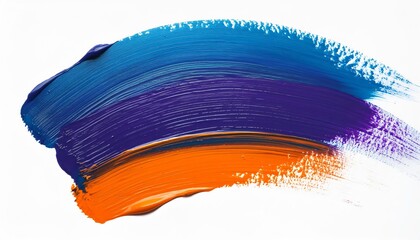 Wall Mural - Blending orange, purple, and blue paint in three brush strokes on a white canvas