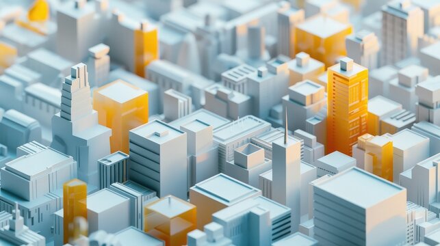 Abstract 3D illustration of a modern white cityscape with orange highlights.  Concept of urban planning, architecture, business, finance, and technology.