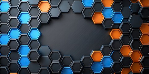 Wall Mural - Abstract geometric background with black, blue, and orange hexagons, abstract, geometric, background, black, blue, orange