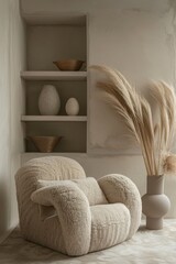 Wall Mural - Minimalist beige interior with a soft, plush armchair