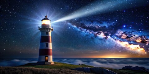 Wall Mural - A mesmerizing view of a lighthouse shining brightly in the dark night sky, lighthouse, night, beacon, illuminated