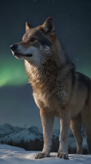  a wolf standing in the snow with the aurora lights in the background