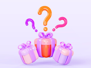 Poster - Mystery gift boxes with question marks on purple background 3d render icons. Closed color present packages with ribbon bow and bonus or prize signs. Game, draw, surprise, lottery win. 3D illustration