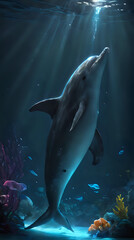 Wall Mural - dolphin in the water with sun shining through the water