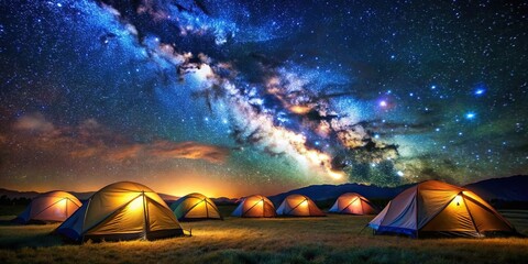 Wall Mural - Tents under the night sky filled with twinkling stars, camping, outdoors, adventure, wilderness, nature, tent
