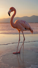 Wall Mural - a standing on the beach at sunset with its legs in the sand