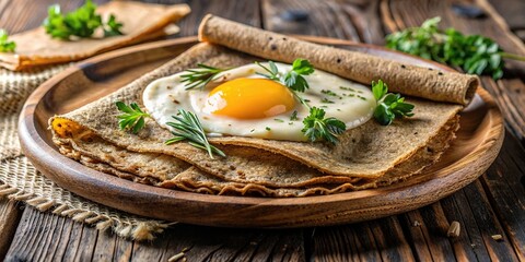 Wall Mural - Savor the rustic charm of homemade buckwheat crepes topped with cheese and a golden fried egg