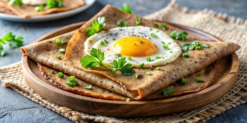 Wall Mural - Delicious buckwheat crepes topped with cheese and fried egg, a modern twist on French cuisine, buckwheat, crepes, homemade