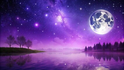 Wall Mural - Purple night landscape with a bright moon shining over stars, landscape, night, purple, moon, stars, sky, scenic, evening