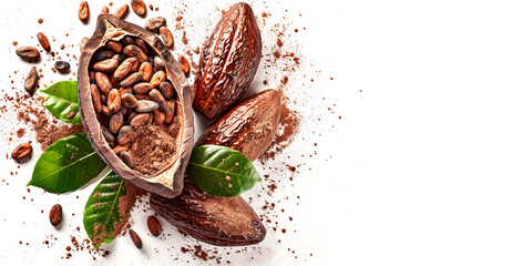 Wall Mural - Cocoa beans in pod and leaves with powder isolated on a white background. Tropical fruit. Bnner