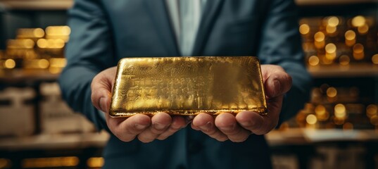 Aufkleber - Businessman holding gold bar at bank vault room. Money business finance investment reserve currency value. Generative AI technology.	
