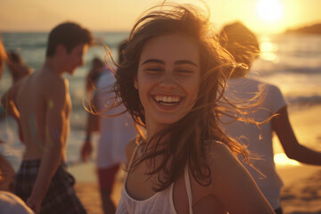 Wall Mural - A woman with long hair is smiling