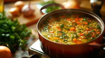 Wall Mural - A pot of soup with carrots and parsley sits on a stove