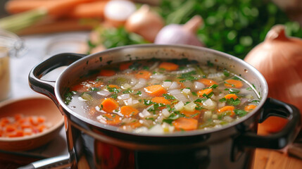 Wall Mural - A large pot of soup with carrots and onions in it