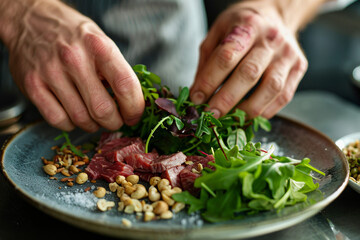 A man is preparing a salad with meat and greens