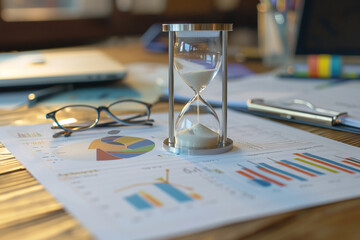 Poster - a glass hourglass sits on a table with a stack of papers