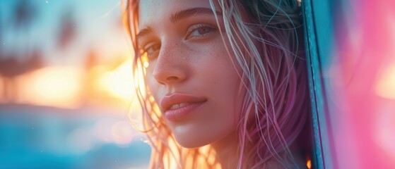 Close-up of a woman with pink hair, holding a surfboard, underwater fantasy scene, vibrant marine life, surreal colors