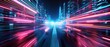 © Purichaya - Cyberpunk cityscape with neon light trails, vibrant colors, high-speed warp effect, futuristic aesthetics