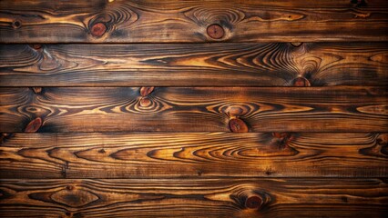Wall Mural - Richly grained dark brown wooden planks with prominent knots and scratches, set against a somber background, evoking warmth and rustic sophistication.