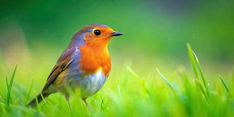 Sticker - A beautiful robin perched in a lush green grassy field , bird, wildlife, nature, grass, vibrant, colorful, feathers, wings, small