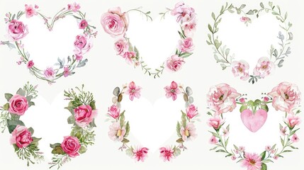 Wall Mural - Heart shape Pink Floral  Watercolor Painting  for wedding invitation decoration