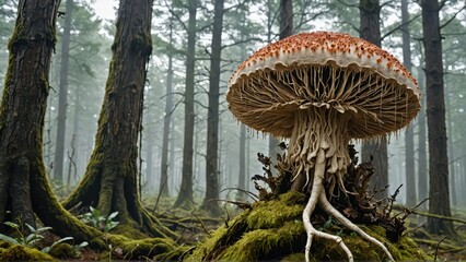 Poster - Giant Mushroom in a Foggy Forest.