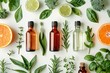© Thanadol - Reusable glass bottles with organic skincare items, surrounded by fresh herbs, sustainable cosmetics, green beauty