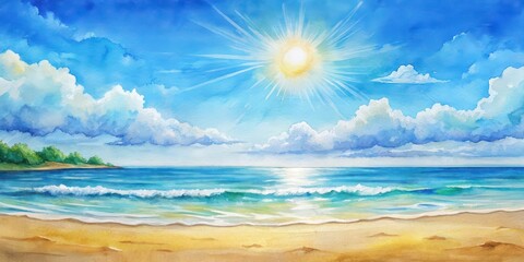 A beautiful watercolor painting of a sunny day at the beach, watercolor, painting, summer, tropical, ocean, sand, waves