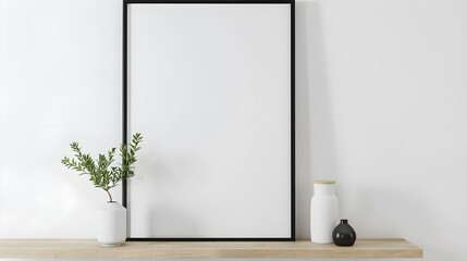 Empty mock up black poster frame on wooden shelf. Interior design of modern living room with white wall and home decor pieces