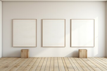 Wall Mural - Three Empty Picture Frames Above a White Sofa in a Modern Living Room, White Wall Background