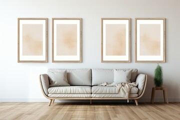 Wall Mural - Four Empty Picture Frames Above a White Sofa in a Modern Living Room, White Wall Background