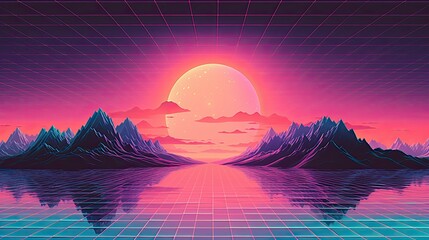 Wall Mural - Vaporwave Synthwave Sunset Over Mountains with Grid. Retro Style Natural Landscape Wallpaper in Teal, Purple, and Orange Lines