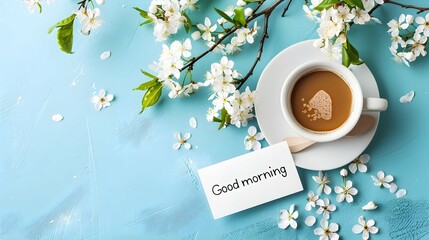 Good morning vibes. Top view to cup of coffee, blooming tree branch and white card with text 