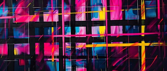 Canvas Print - Vibrant Plaid Motif against Dramatic Black Backdrop   Mesmerizing Digital Painting with Cubist Flair