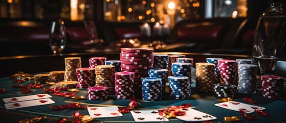 High-Stakes Poker Excitement: Intense Casino Table Ambiance with Chips and Cards, Realistic Photography under Dramatic Lighting