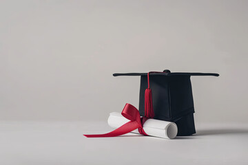 Graduation cap and diploma on white background, education and achievement