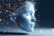 © Atchariya63 - Abstract 3D human face disintegrating into particles with glowing elements on a dark background, representing technology and transformation.