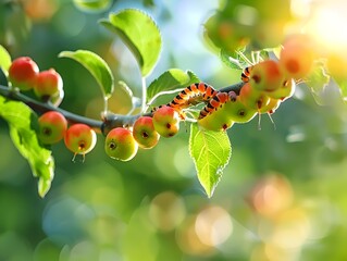 Wall Mural - Ripe Crabapple Fruits on a Lush Green Leafy Tree Branch in Autumn