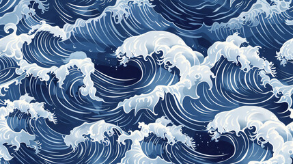 Poster - seamless pattern of ocean waves in the style of traditional Japanese art, vector illustration, hand drawn, flat design, blue and white colors, high resolution, highly detailed, high definition