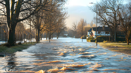 Wall Mural - Heavy rain causes the river to burst its banks, flooding the surrounding area with water.