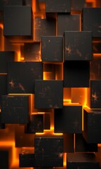 Fototapete - A black and orange cube wall with a yellow light shining on it